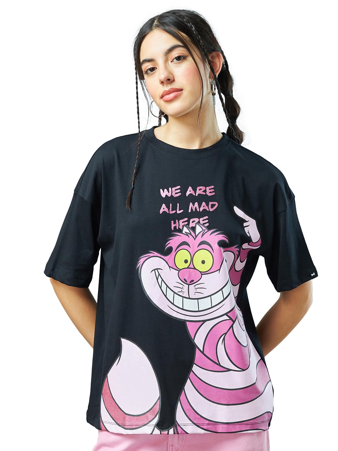 Bewakoof Official Disney Merchandise Womens Graphic Printed Oversized Fit Half Sleeve Round Neck 100% Cotton T-Shirt_ 615054 Bl