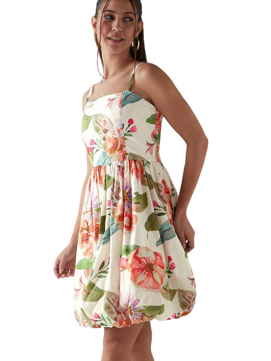Bewakoof WomenS All Over Print Regular Fit Sleeveless Square Neck Cotton-Poplin Dress_645122_White_2Xl