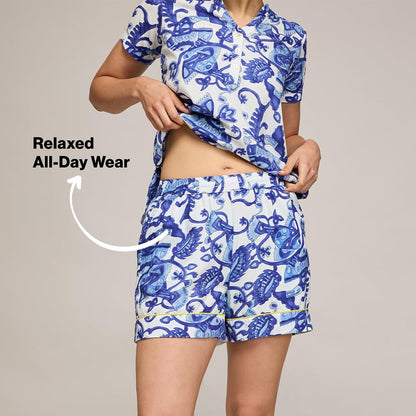 Nykd (Nys930 Printed Rayon Coords Night Suit For Women | Relaxed Fit V Neck Top With Non Slip Adjustable Waistband Shorts | Perf