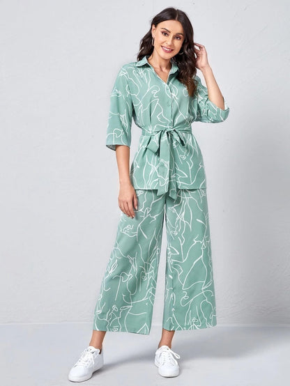 GRECIILOOKS Women Co Ord Set| Collared Self Belted Allover Print| Half Sleeve Shirt| Straight Shirt with Belt| Women Two-Piece O