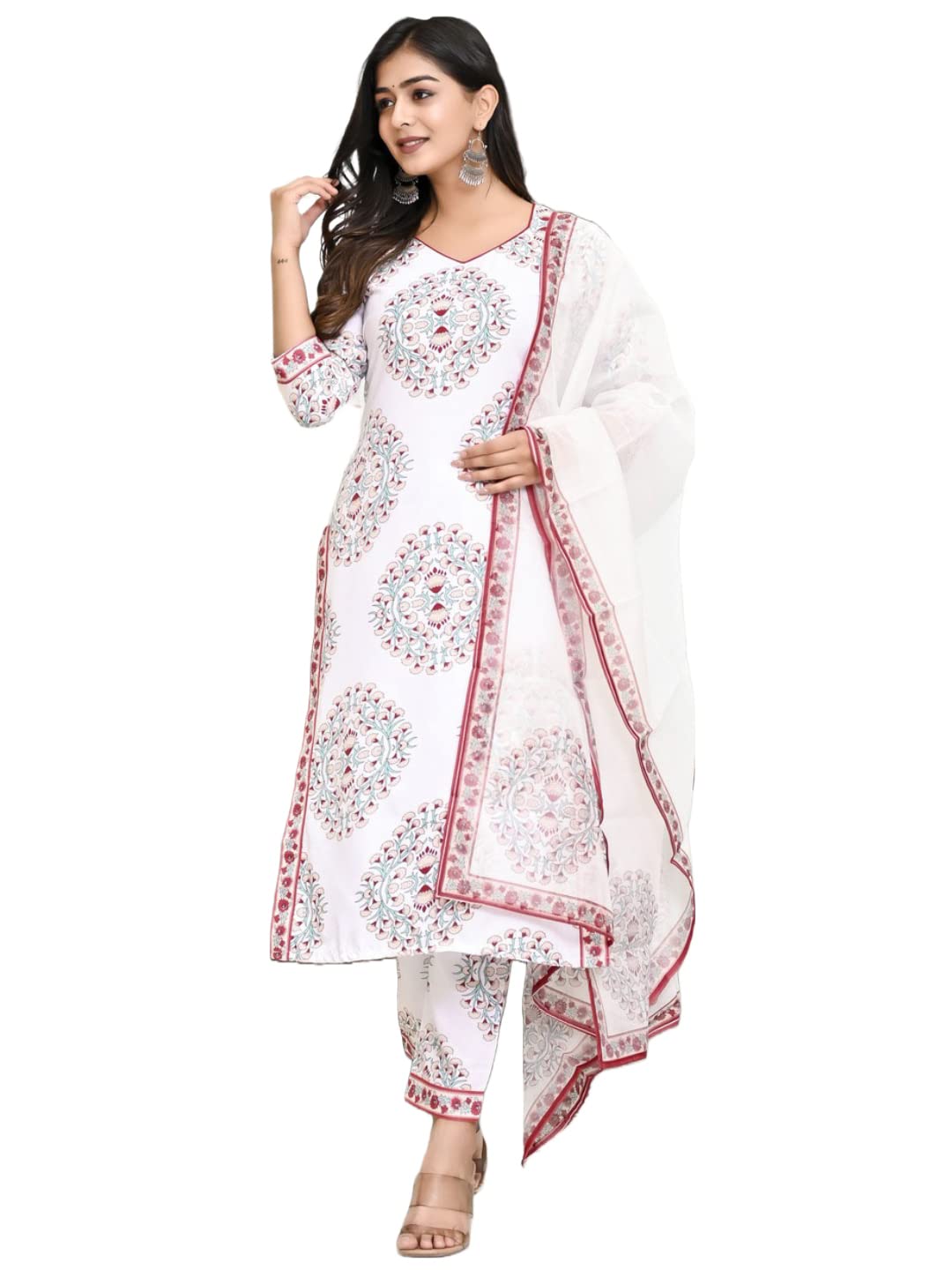 GoSriKi Women's Cotton Blend Floral Printed Straight Kurta with Pants & Dupatta (Cup-Off-White-CMD-GS)
