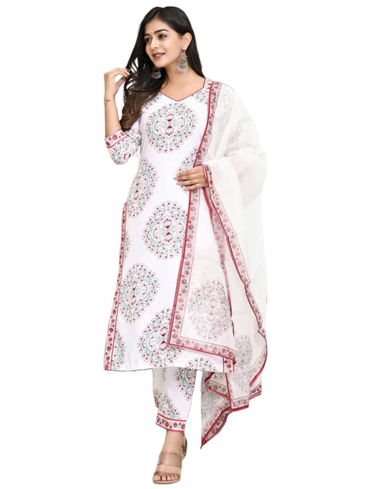 GoSriKi Women's Cotton Blend Floral Printed Straight Kurta with Pants & Dupatta (Cup-Off-White-CMD-GS)