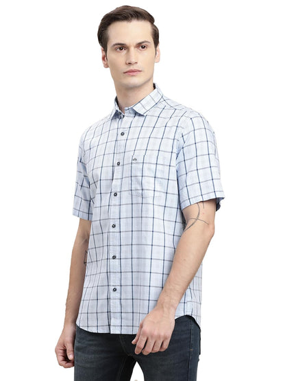 Turtle Men Light Blue Checkered Half Sleeve Slim Fit 100% Cotton Casual Shirt