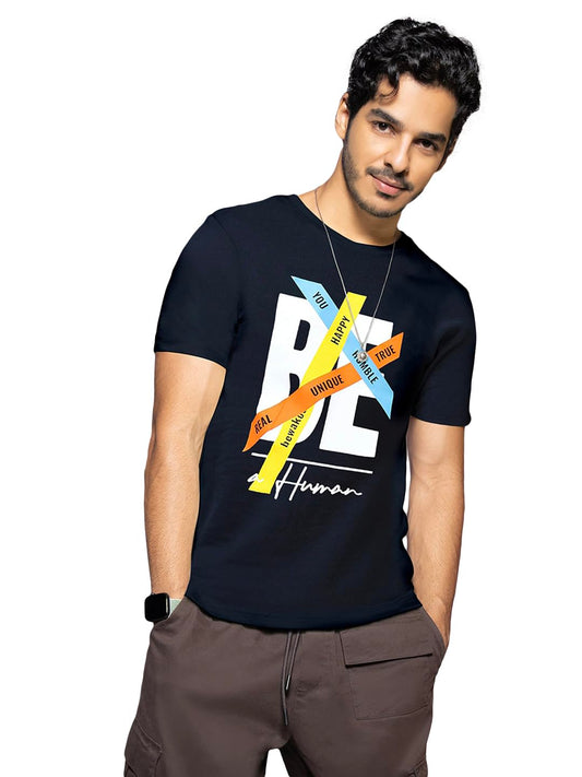 Bewakoof Mens Be A Human Printed 100% Cotton T-Shirt - Regular Fit, Round Neck, Half Sleeves Blue
