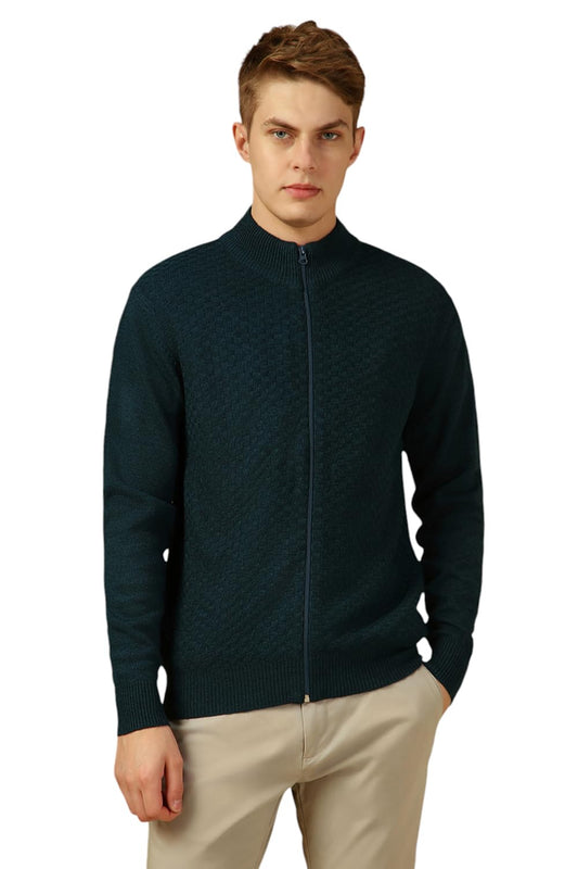 Dennis Lingo Men Blue Solid Slim Fit Full Sleeve Mock Collar Pullover Sweater
