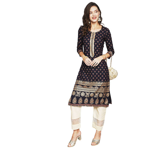 anubhutee Women's Navy Blue Ethnic Printed Kurta