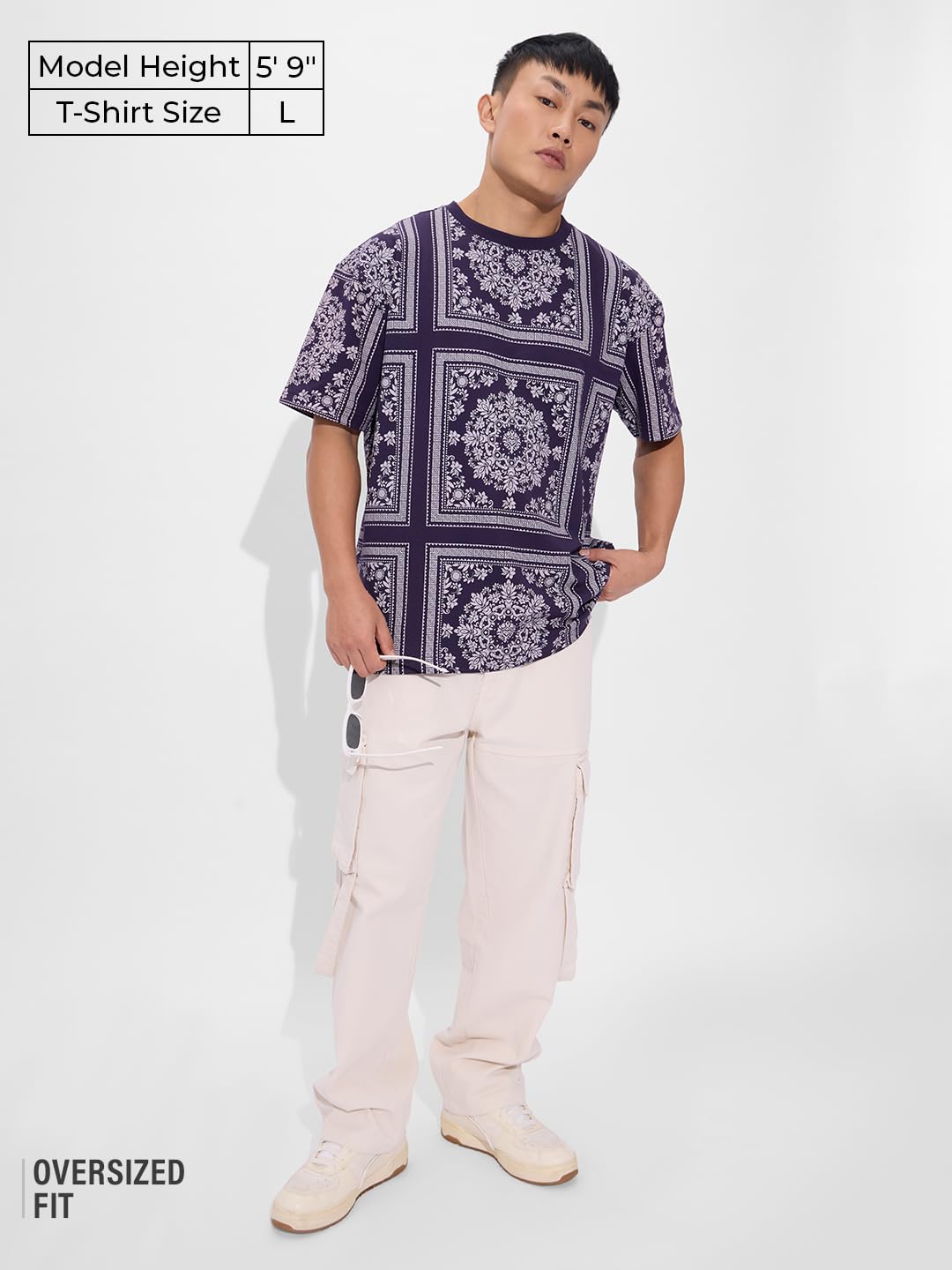 The Souled Store Cosmic Bandana Men and Boys Short Sleeves Round Neck Purple All Over Printed Cotton Oversized T-Shirts