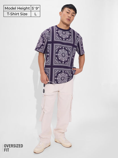 The Souled Store Cosmic Bandana Men and Boys Short Sleeves Round Neck Purple All Over Printed Cotton Oversized T-Shirts