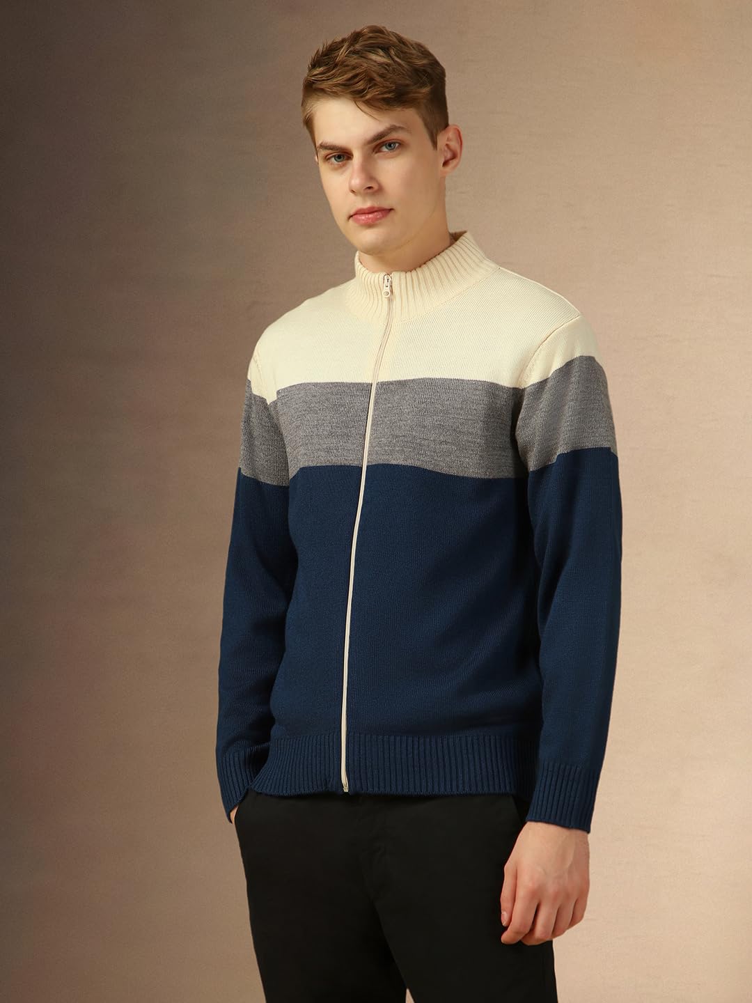 Dennis Lingo Men Multi Colorblock Slim Fit Full Sleeve Mock Collar Pullover Sweater Multicolour
