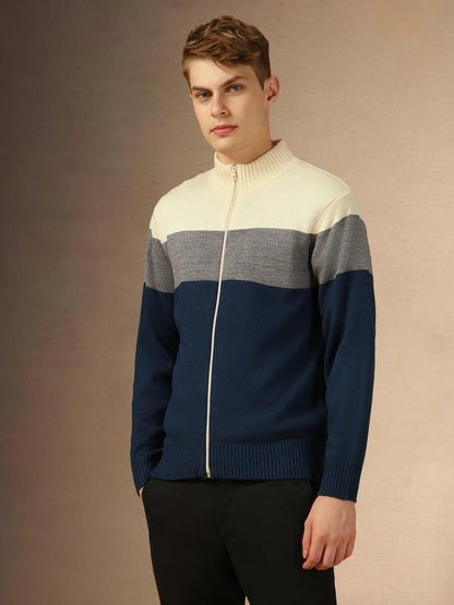 Dennis Lingo Men Multi Colorblock Slim Fit Full Sleeve Mock Collar Pullover Sweater Multicolour