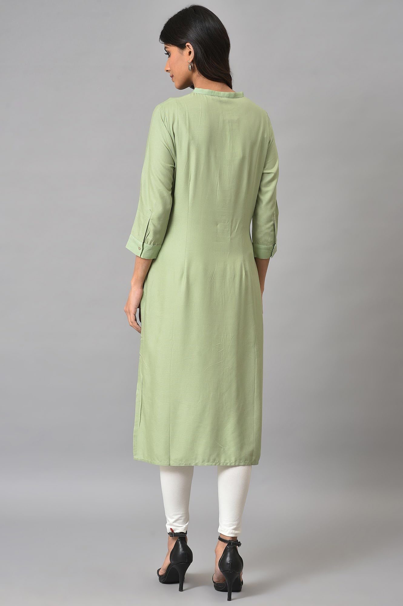 W for Woman Women Viscose Green Printed Mandarin Collar Straight Kurta