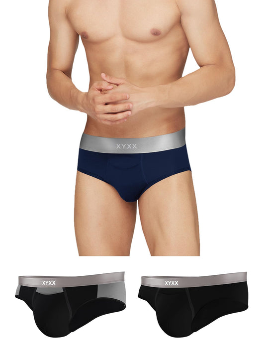 XYXX Mens Underwear Illuminati IntelliSoft Antimicrobial Micro Modal Brief Pack of 3 (Black & Steel Grey ; Black ; Black Iris;