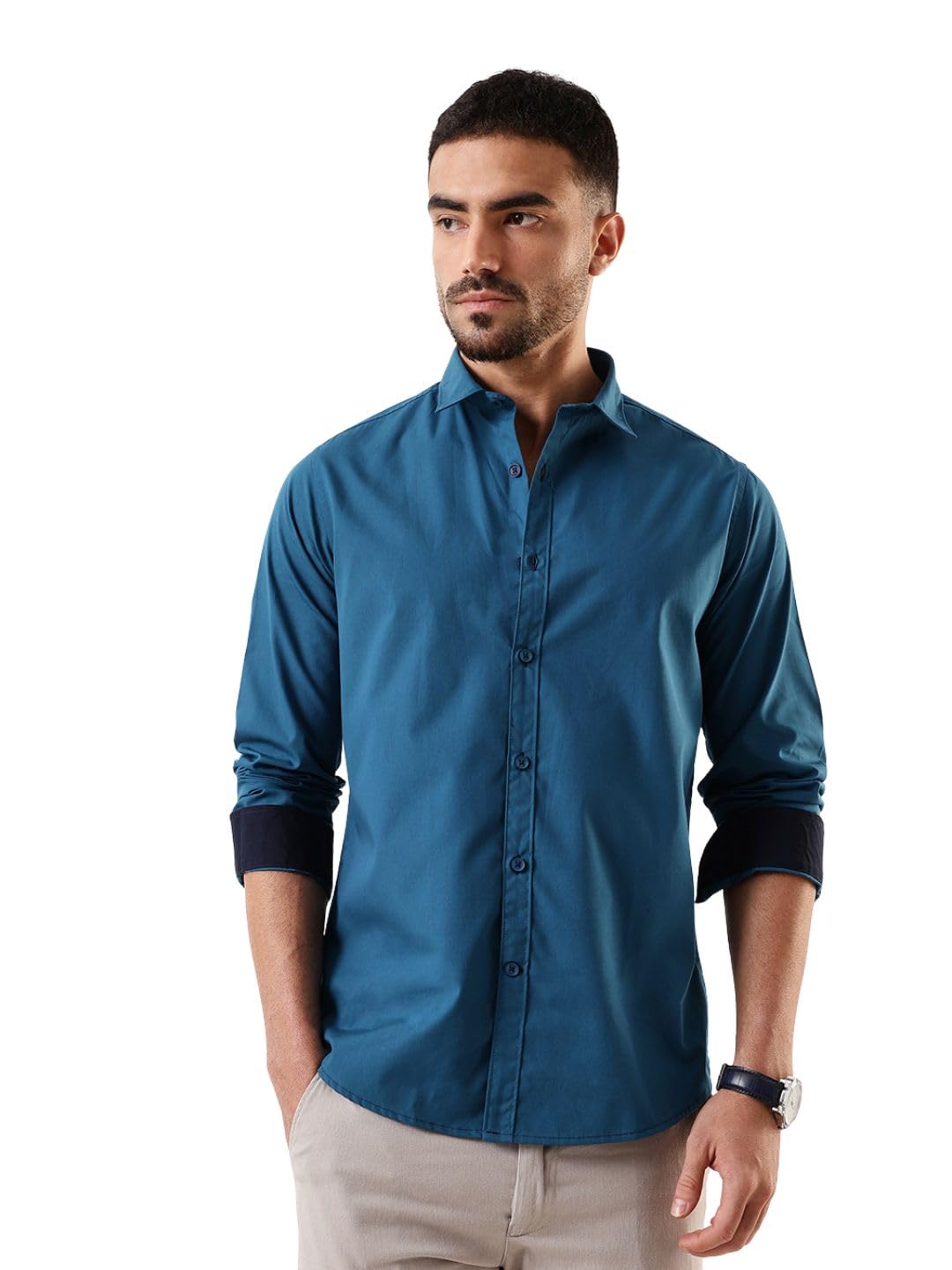 Dennis Lingo Men Teal Solid Spread Collar Full Sleeves Regular Fit Cotton Casual Shirt