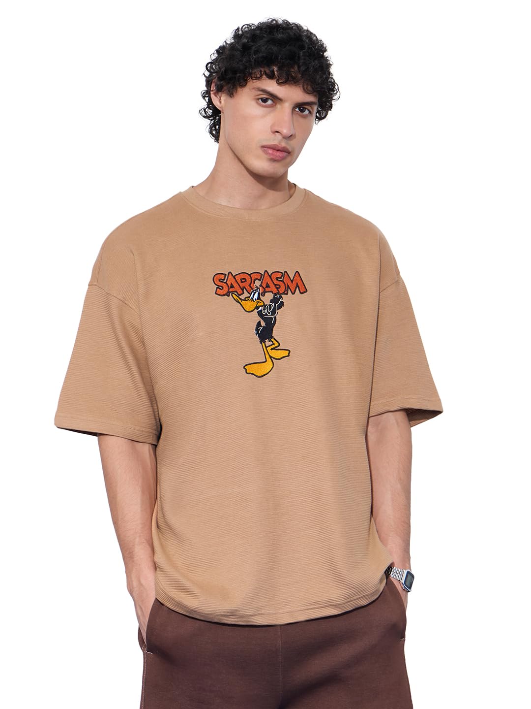 The Souled Store Looney Tunes: Sarcasm is My Superpower Women and Girls Short Sleeves Round Neck Tan Embroidered Cotton Oversize