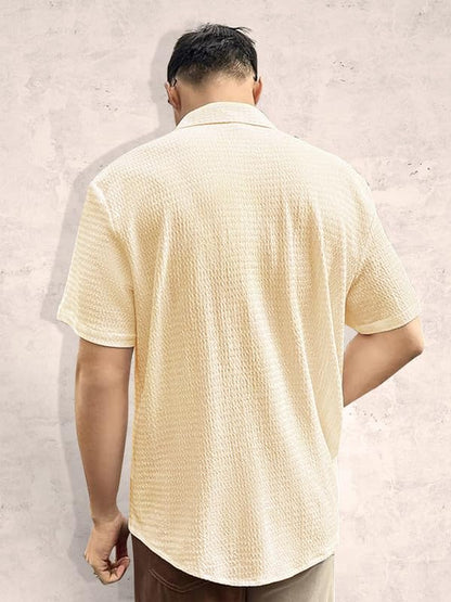 Tee Projekt Mens Popcorn Shirt Texture Pattern Mens Casual Shirt Half Sleeves Goa Beach Summer Shirt Beige