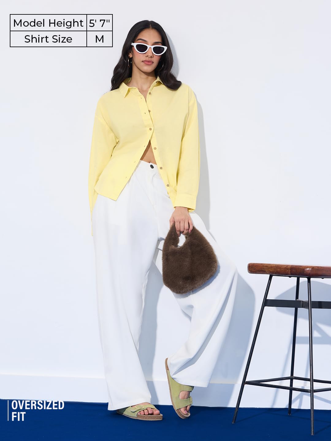 The Souled Store Cotton Linen Shirt: Butter Yellow Women and Girls Long Sleeve Collared Neck Button Front Solid Oversized Fit Br