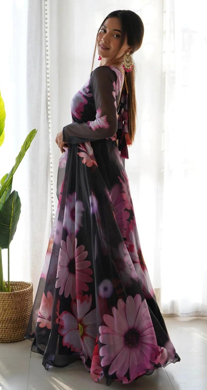 Shasmi Womens Stylish Floral Printed Black Orgenza Anarkali Dress Gown, Kurta with Dupatta Set Anarkali Floral Printed Gown wit