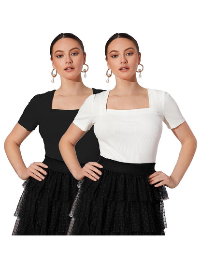Shasmi Womens & Girls Black and White Solid Knitted Square Neck Regular Fit T-Shirts Short Puff Sleeve Tops (52 Pack 2 Black W