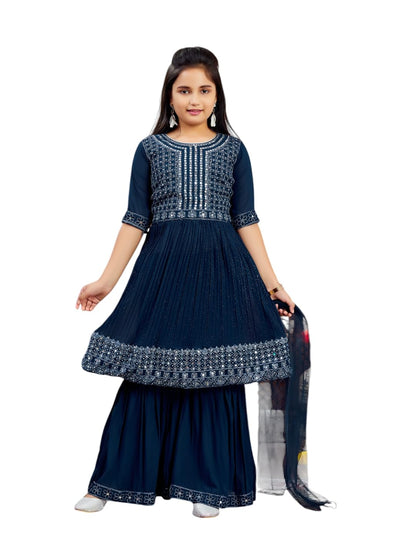 Aarika Girls Ethnic Wea Teal Blue Colour Mirror Embroidery Georgette Kurti Sharara Set (5-16 Years)