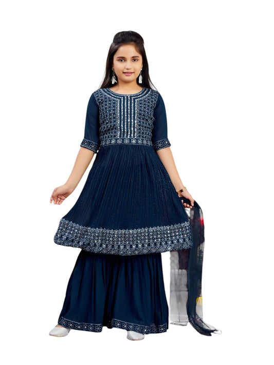Aarika Girls Ethnic Wea Teal Blue Colour Mirror Embroidery Georgette Kurti Sharara Set (5-16 Years)