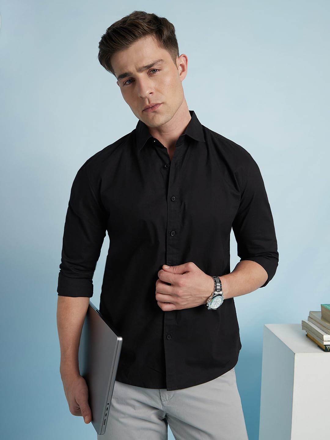 Dennis Lingo Men Cotton Regular Fit Solid Shirts Black