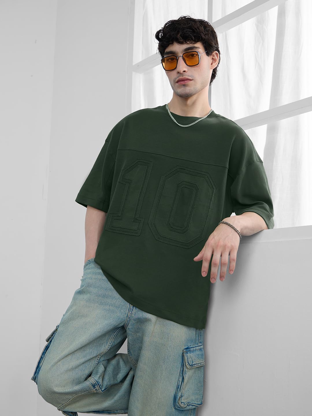 The Souled Store Olive Tree Men and Boys Short Sleeves Round Neck Green Embellished Cotton Super Oversized T-Shirts