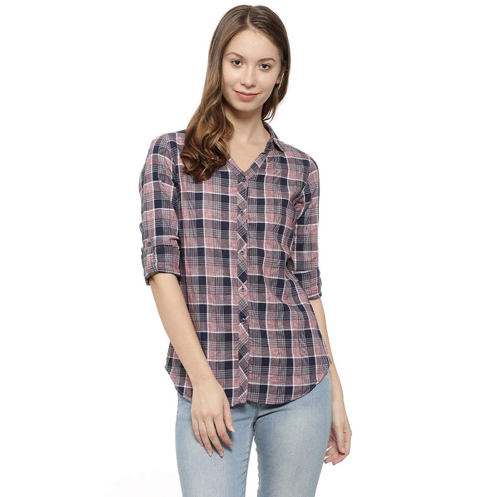 Campus Sutra Womens Multi-Coloured Checkered Button Up Shirt Regular Fit for Casual Wear | Structured Shirt Crafted with Regula