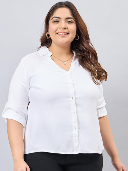 Style Quotient Women White Classic Smart V-Neck Plus Size Shirt