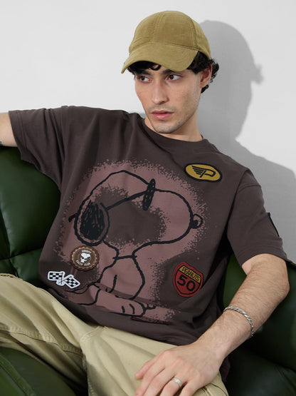 The Souled Store Peanuts: Motorsports Men and Boys Short Sleeves Round Neck Brown Graphic Printed Cotton Oversized T-Shirts