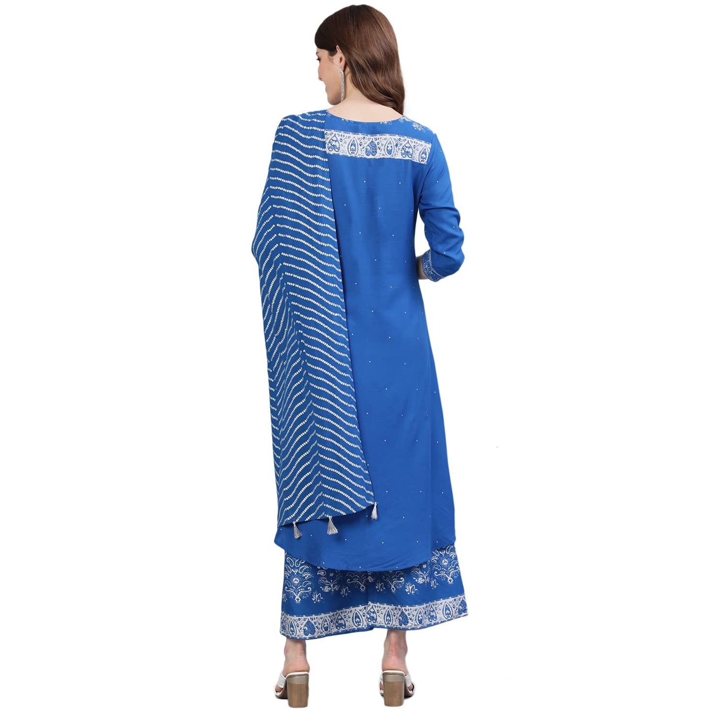 ishin Women's Viscose Rayon Blue Embroidered Anarkali Kurta suit set with Palazzos