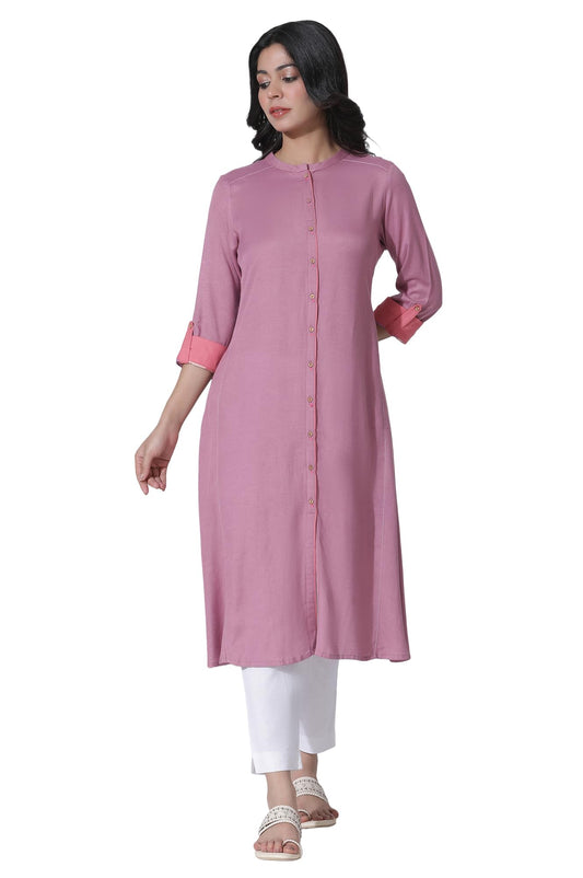 W for Woman Pink Flared Kurta with Printed Back and Pants Set