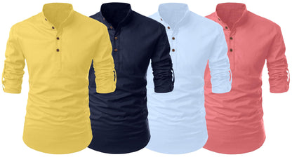 Zombom MenS Cotton Polyester Blend Solid Full Sleeve Regular Fit Kurta Shirt, Multicolor, Xl, Combo Set Of 4