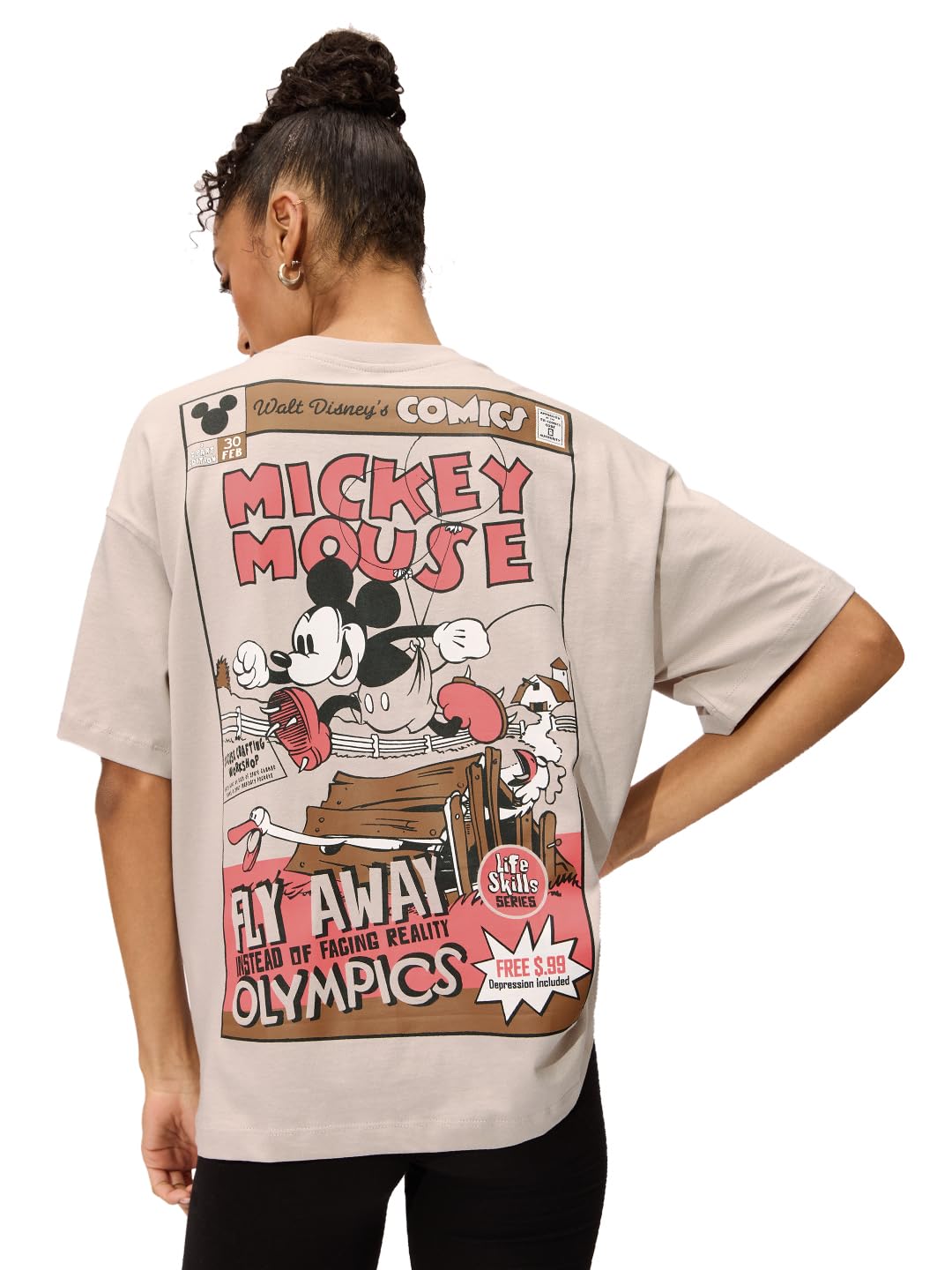 The Souled Store Official Mickey Mouse: Fly Away Women and Girls Short Sleeves Round Neck Graphic Printed Cotton Oversized T-Shi
