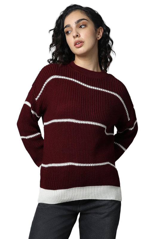 High Star WomenS Acrylic Round Neck Pullover Sweater (Hswsww23005_Mc4_Multicolored3 Maroon