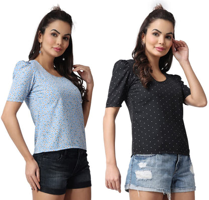 POPWINGS Casual Floral Printed Round-Neck Puff-Sleeves Tops Combo for Women