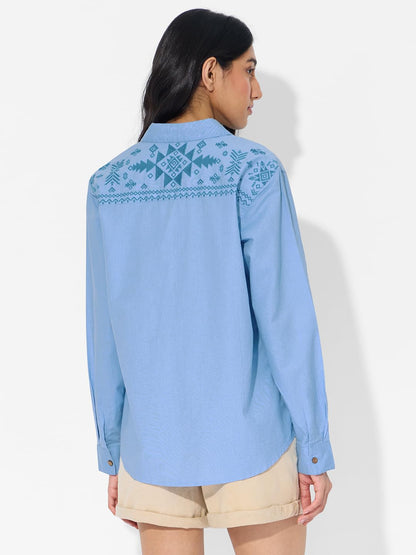 The Souled Store Cotton Linen: Beach Blue Women and Girls Long Sleeves Collared Neck Button Front Blue Embroidered Cotton Linen