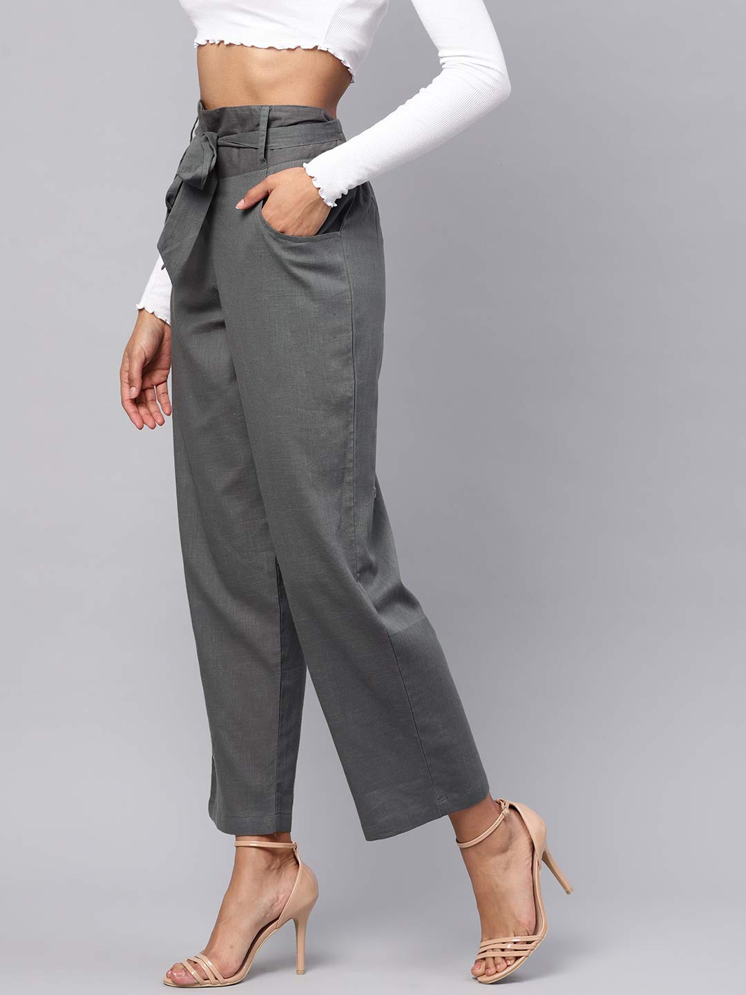 Idalia Grey Solid Cotton Trouser For Women High Waist Formal Trousers With 2 Pocket Fusion Wear Trouser Pants For Ladies