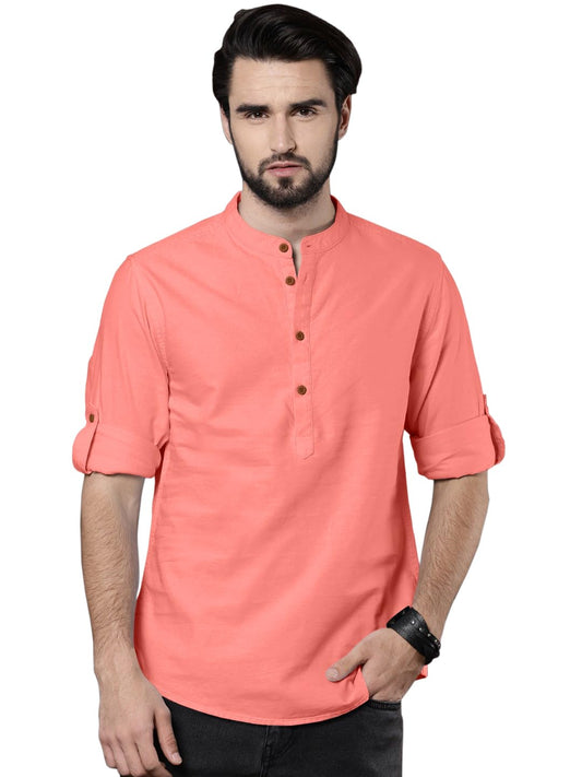 Zombom MenS Kurta Shirt || Chinese Collar Long Sleeves || Straight Hip Length Kurtas || Short Kurta For Men || For Festival ||