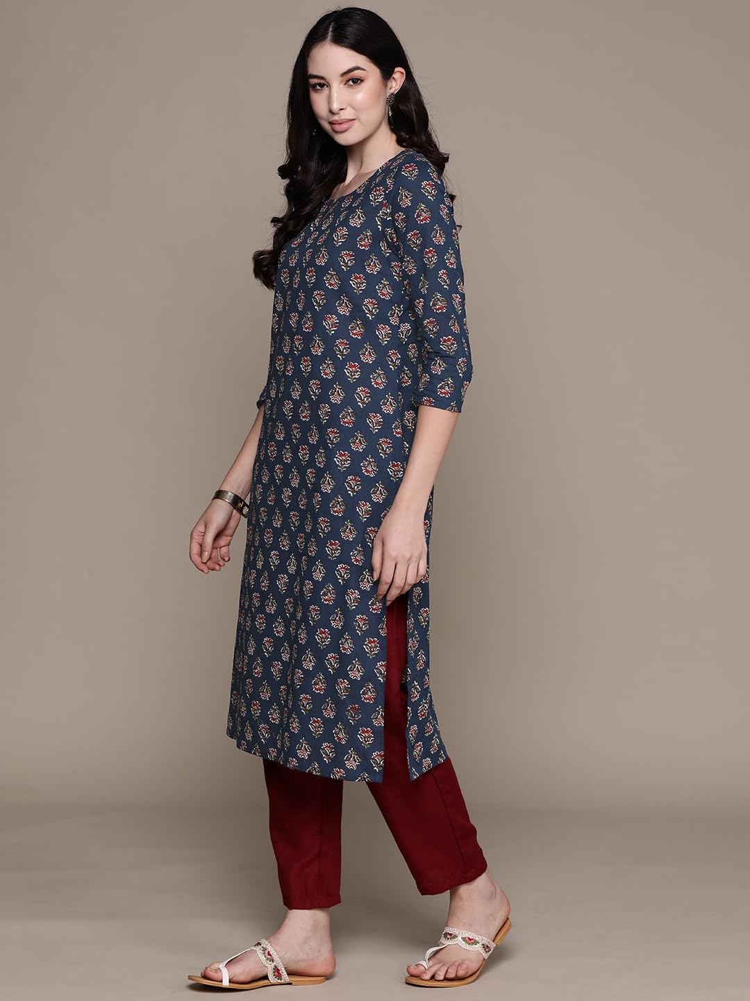 anubhutee Women's Cotton Floral Maroon Straight Kurta