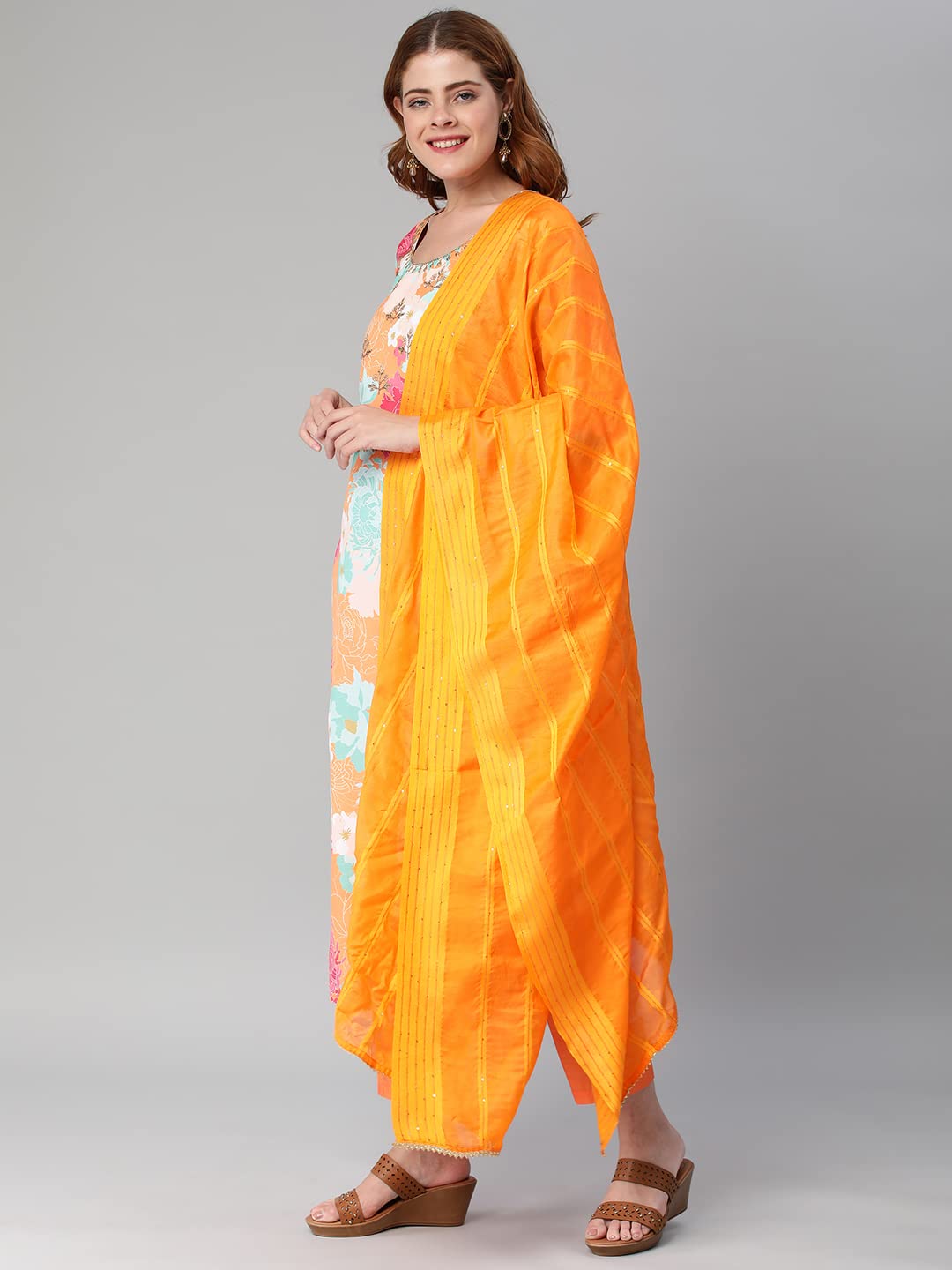 ANNI DESIGNER Women's Cotton Blend Embroidered Floral Printed Straight Kurta with Pant & Dupatta (Litup-Orange-Nw2)
