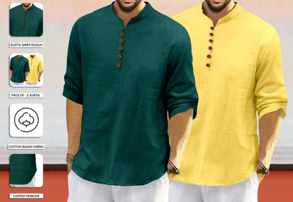 Royalscout MenS Cotton Polyester Blend Solid Regular Fit Full Sleeve Short Kurta | Ethnic, Lightweight Summer Kurta For Daily &