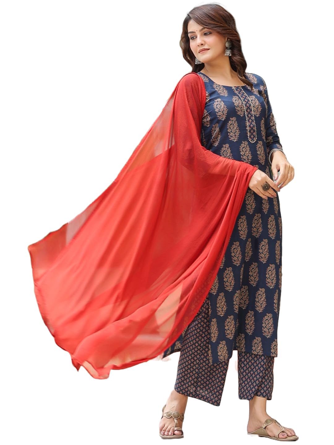 ANNI DESIGNER Ladies Cotton Blend Kurta & Trousers, Light Brown::Blue, S