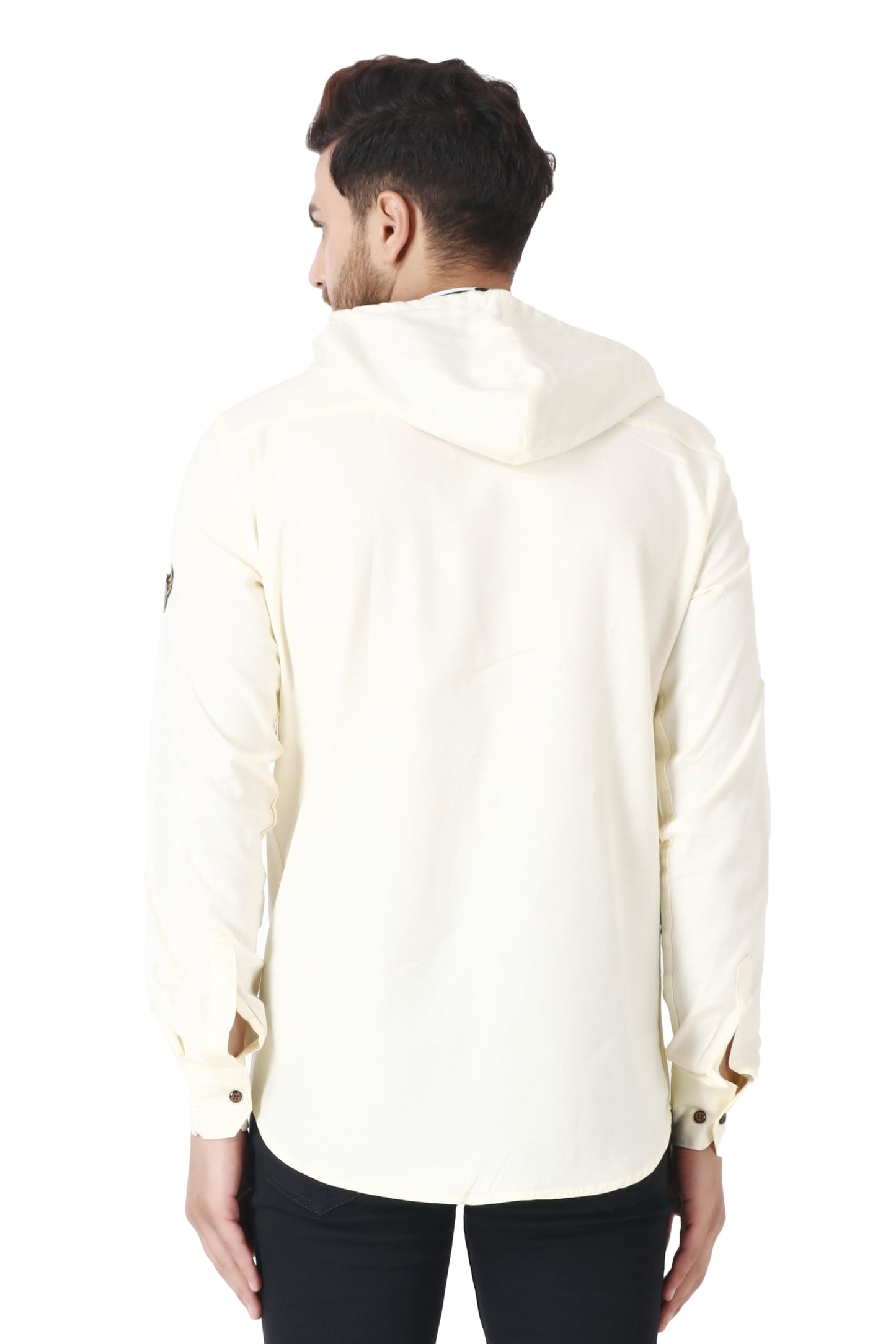 Besix MenS Cream Tailored Fit Cotton Blend Shirt For Man With Hoodie - Casual Long Sleeve Shirt With Pockets - Patch Detail For