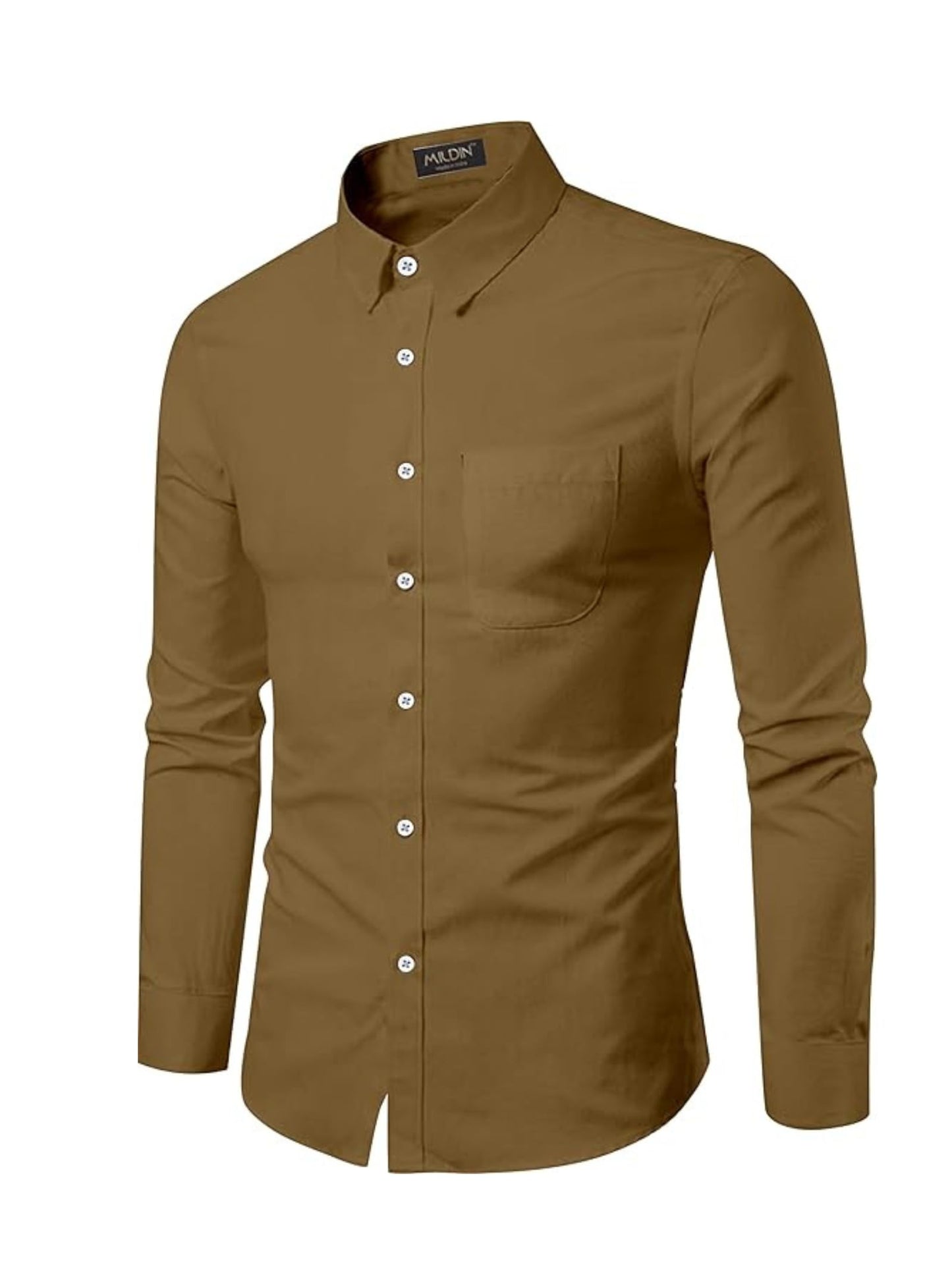 Mildin MenS Regular Cotton Blend Brown Slim Fit Solid Button Down Spread Collar Full Sleeve Curved Hemline Formal Shirt With On