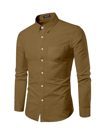 Mildin MenS Regular Cotton Blend Brown Slim Fit Solid Button Down Spread Collar Full Sleeve Curved Hemline Formal Shirt With On