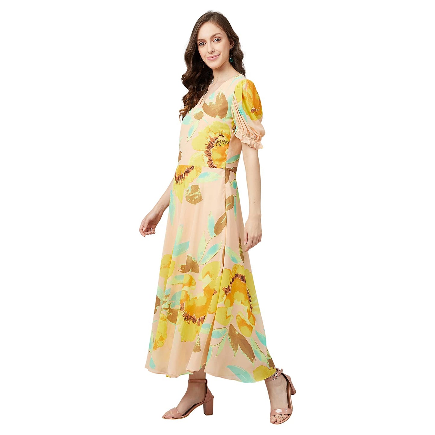 Rare Women'S Georgette Fit And Flare Midi Casual Dress (Ep6504_Yellow)