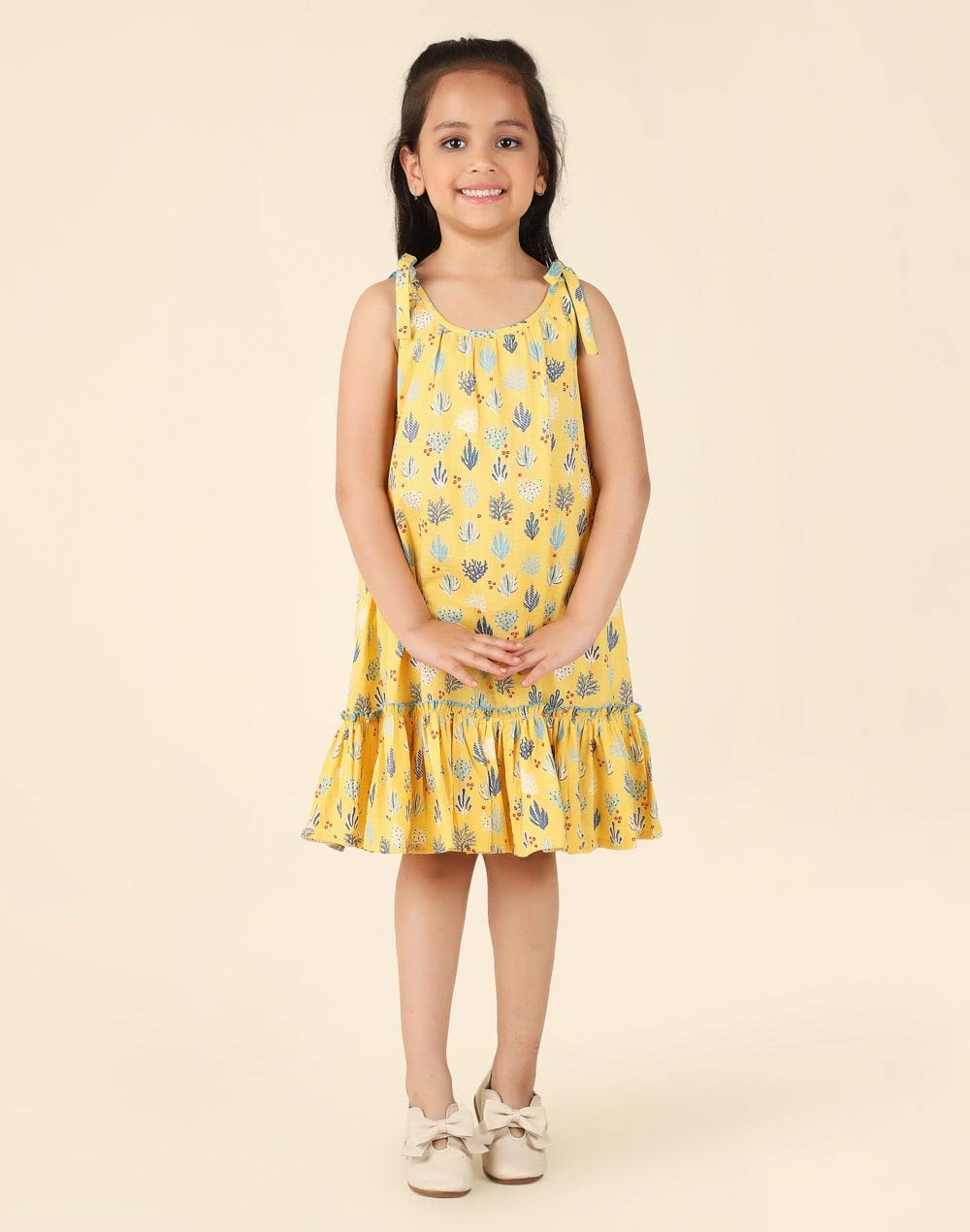 Fabindia Girl's Cotton A-Line Knee-Length Casual Dress (1030947YELLOW_Yellow