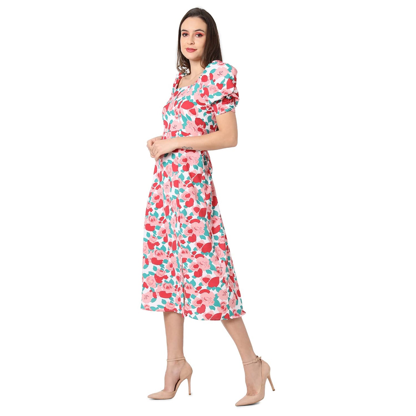Campus Sutra Women White & Pink Floral Printed Knee Length Casual Dress(Ssmr22_Csw-Aw-Dr4085)