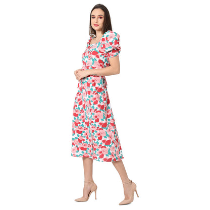 Campus Sutra Women White & Pink Floral Printed Knee Length Casual Dress(Ssmr22_Csw-Aw-Dr4085)