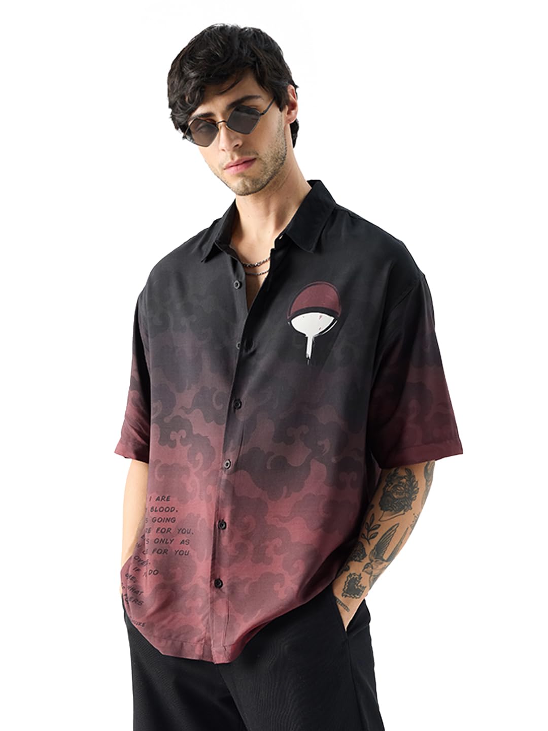 The Souled Store Official Naruto: The Last Uchiha Mens Oversize Fit Half Sleeves Graphic Pattern Multi Color Shirt Cartoon 90s S